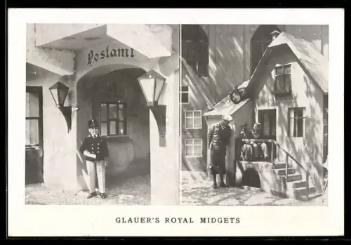 AK Glauer`s Royal Midgets, Liliputaner vor dem Postamt, Liliputaner mit einem Mann vor einem Gebäude
