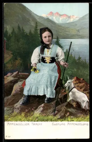 AK Kleines Mädchen mit Zicklein in Appenzeller Tracht