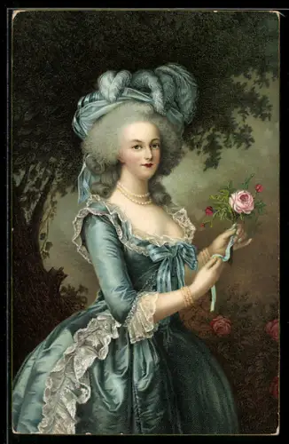 Künstler-AK Elegante Dame im blauen Kleid mit Hut und Rose