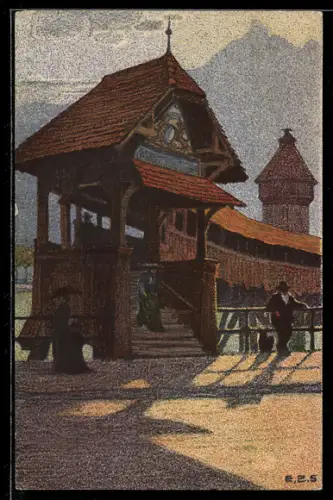 Künstler-AK Ernst E. Schlatter: Luzern, Kapellbrücke gegen den Pilatus