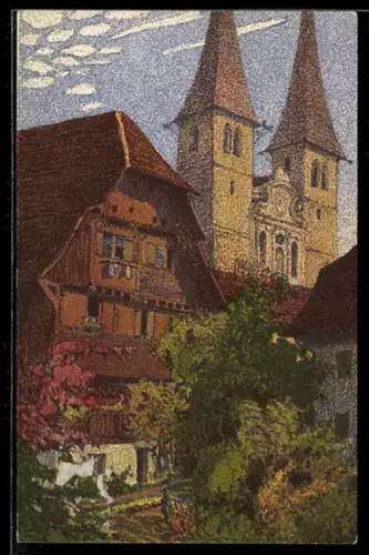 Künstler-AK Ernst E.Schlatter: Luzern, Hofkirche mit alten Kaplanenhaus