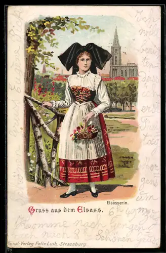 Lithographie Strassburg, Elsässerin in Tracht, im Hintergrund Strassburger Münster