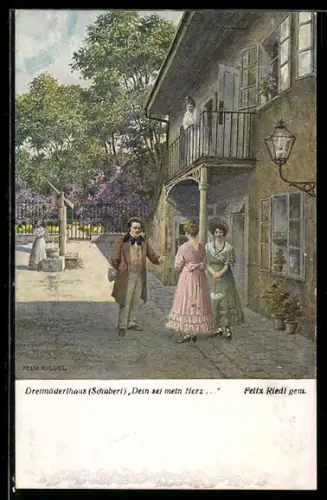 AK Das Dreimäderlhaus, zwei Frauen im Kleid, Schubert
