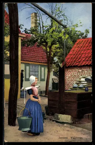 AK Photochromie NR: 3064, Zeeland, Walcheren, niederländisches Trachtenmädchen trägt Eimer