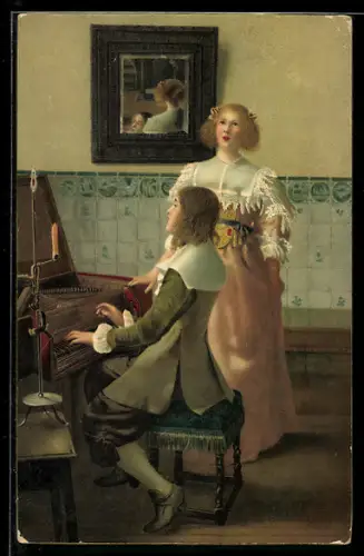 Künstler-AK Laurens Alma Tadema: Das Jubellied, Paar in historischer Kleidung bei der Hausmusik am Spinett