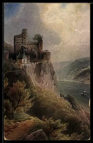 Künstler-AK Burg Rheinstein über dem Rheintal