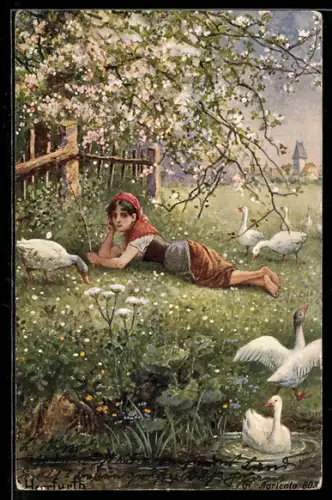 Künstler-AK Oskar Herrfurth: Gänsemagd
