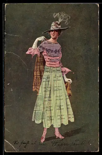 AK Frau trägt ein Kleid aus Essensmarken, Collage