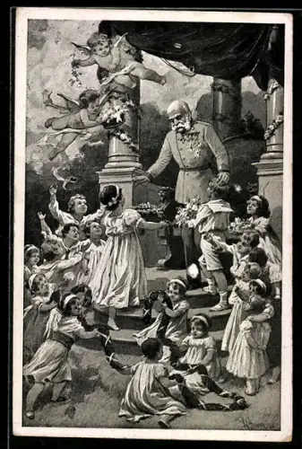 Künstler-AK Kaiser Franz Josef I. von Österreich mit Kindern die ihm Blumen bringen