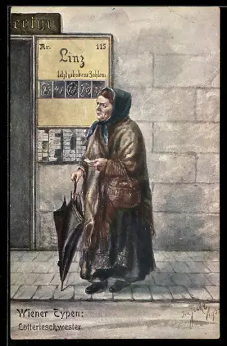 AK Wiener Typen, Lotterieschwester mit Schirm und Korb
