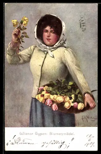 Künstler-AK Brüder Kohn (B.K.W.I) Nr. 554-1: Frau mit einem Korb roter und gelber Rosen