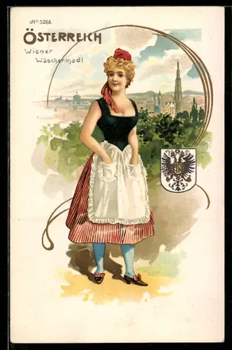 AK Wien, Wiener Wäschermadl am Stadtrand, Wappen Österreich
