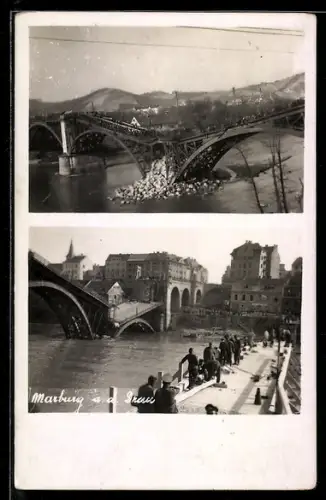 AK Maribor-Marburg, zerstörte Brücke an der Drau, zwei Ansichten