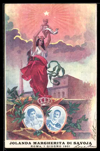 Künstler-AK König Vittorio Emanuele III. von Italien und Gemahlin, zur Geburt eines Kindes
