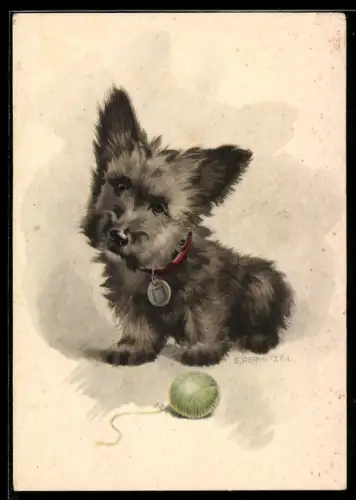 Künstler-AK Schwarzer Terrier mit grünem Wollknäuel