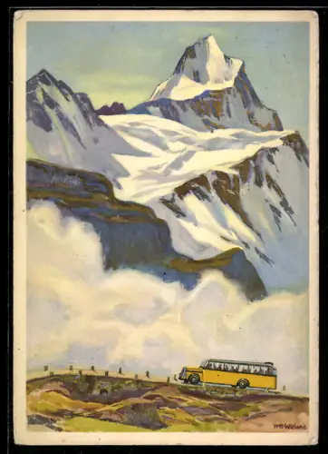 Künstler-AK Schweizer Alpenpost, Autobus in den Alpen