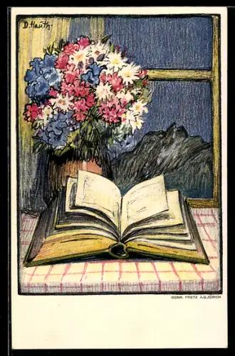 Künstler-AK Schweizer Bundesfeier 1922, Buch auf Tisch mit Blumen