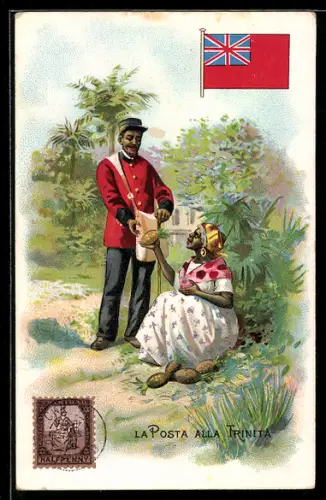 Lithographie Trinidad, La Posta, Frau gibt Postbote Ananas zum Dank