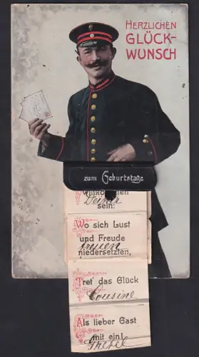 Leporello-AK Briefträger mit Gedicht in seiner Brieftashce, Herzenswünsche, eine reiche Menge..., Geburtstagsgruss