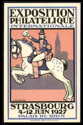 Künstler-AK Strasbourg, Exposition Philatelique Internationale 1927, Palais du Rhin, Briefträger zu Pferde