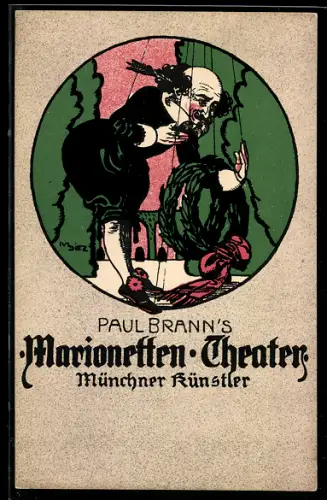 Künstler-AK Paul Brann`s Marionetten-Theater Münchner Künstler, Marionette mit Kranz