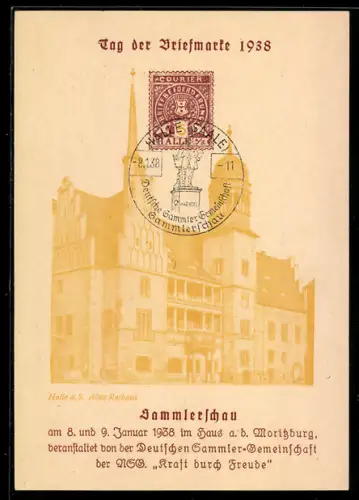 Künstler-AK Halle a. S., Tag der Briefmarke 1938, Sammlerschau im Haus an der Moritzburg, Ansicht vom Alten Rathaus