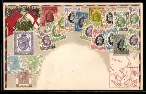 AK Briefmarken von Hongkong, Landkarte von China und Indonesien