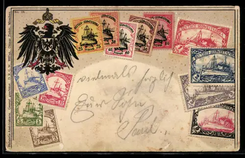 AK Deutsch-Südwest-Afrika, Hoheitsadler mit Brustschild und Kaiserkrone, Briefmarken Deutsch-Südwest-Afrika