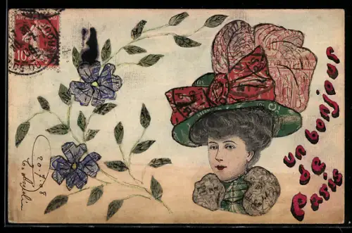 AK Portrait einer Dame mit Hut und Schleife, Briefmarkencollage