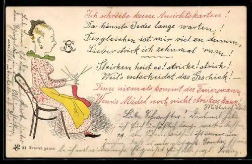 AK Frau beim Stricken, Schreibfaulheit, Ich schreibe keine Ansichtskarten