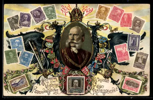 AK Kaiser Franz Josef I. von Österreich, Österreichische Briefmarken, 60-jähriges Regierungs-Jubiläum, 1848-1908