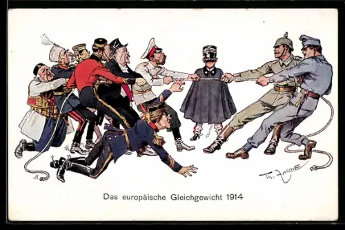 Künstler-AK Th.Zasche: europäisches Gleichgewicht, Zar Nikolaus II von Russland beim Seil ziehen