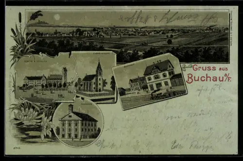 Mondschein-Lithographie Buchau, Synagoge, Bahnhof, Kirche u. Schloss, Eisenbahn