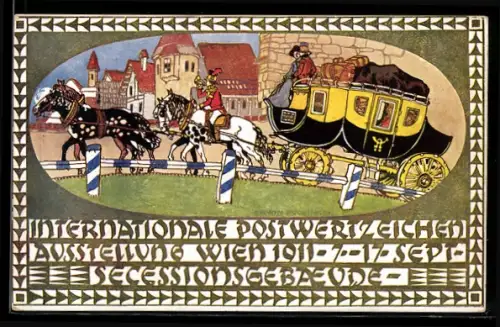Künstler-AK sign. Erwin Puchinger: Internationale Postwertzeichen Ausstellung 1911, Postkutsche