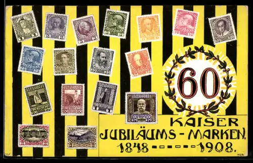 AK Jubiläums-Briefmarken mit Konterfei des Kaisers Franz Josef I. von Österreich, 1848-1908