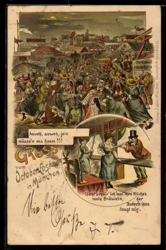 Lithographie München, Oktoberfest, Festgesellschaft und Szene am Schiessstand
