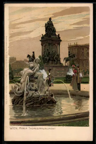 Künstler-Lithographie Paul Hey: Wien, Maria Theresia-Monument