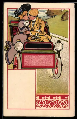 Lithographie Rotes Automobil, Liebespaar darin beim Kuss