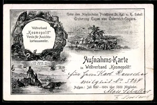 AK Nürnberg, Ansichtskartensammlerverein, Aufnahmskarte im Weltverband Kosmopolit, Für wenig Geld sehn wir die Welt