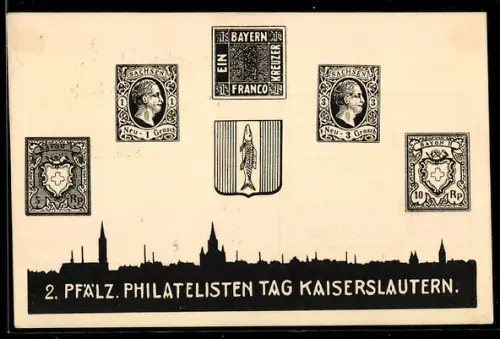 AK Ganzsache PP66 C1: Kaiserslautern, 2. Pfälz. Philatelistentag 1923, Briefmarken und Wappen
