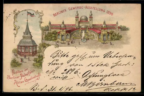 Lithographie Berlin, Gewerbe-Ausstellung 1896, Pavillon der Berliner Packetfahrt A. G., Private Stadtpost, Ganzsache