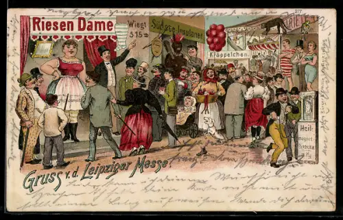 Lithographie Leipzig, Leipziger Messe, Jude bestaunt die Riesen-Dame, Südsee-Insulaner