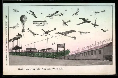 AK Wien-Aspern, Flugzeuge und Ballon über dem Flugfeld
