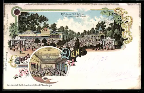 Lithographie Wien, Wiener Prater, R. Schneider's 2. Caféhaus, Cafe-Restaurant, Elisabethsaal