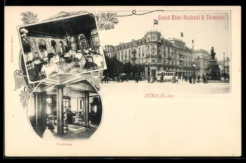 AK Zürich, Grand Hotel National & Terminus, Strassenbahn