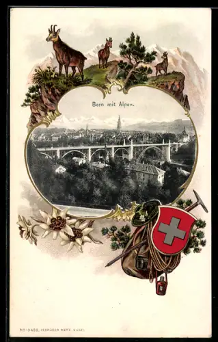 Passepartout-Lithographie Bern, Teilansicht mit Viadukt und Alpen, Gemsen