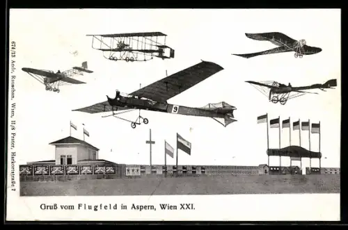 AK Wien-Aspern, Flugfeld mit versch. Flugzeugmodellen