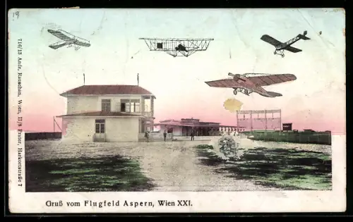 AK Wien, Flugzeuge über dem Flugfeld Aspern