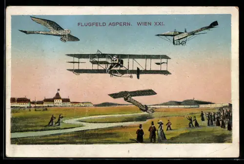 AK Wien-Aspern, Flugfeld Aspern, Flugzeuge über dem Flughafen
