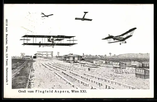 AK Wien, Flugzeuge über dem Flugfeld Aspern